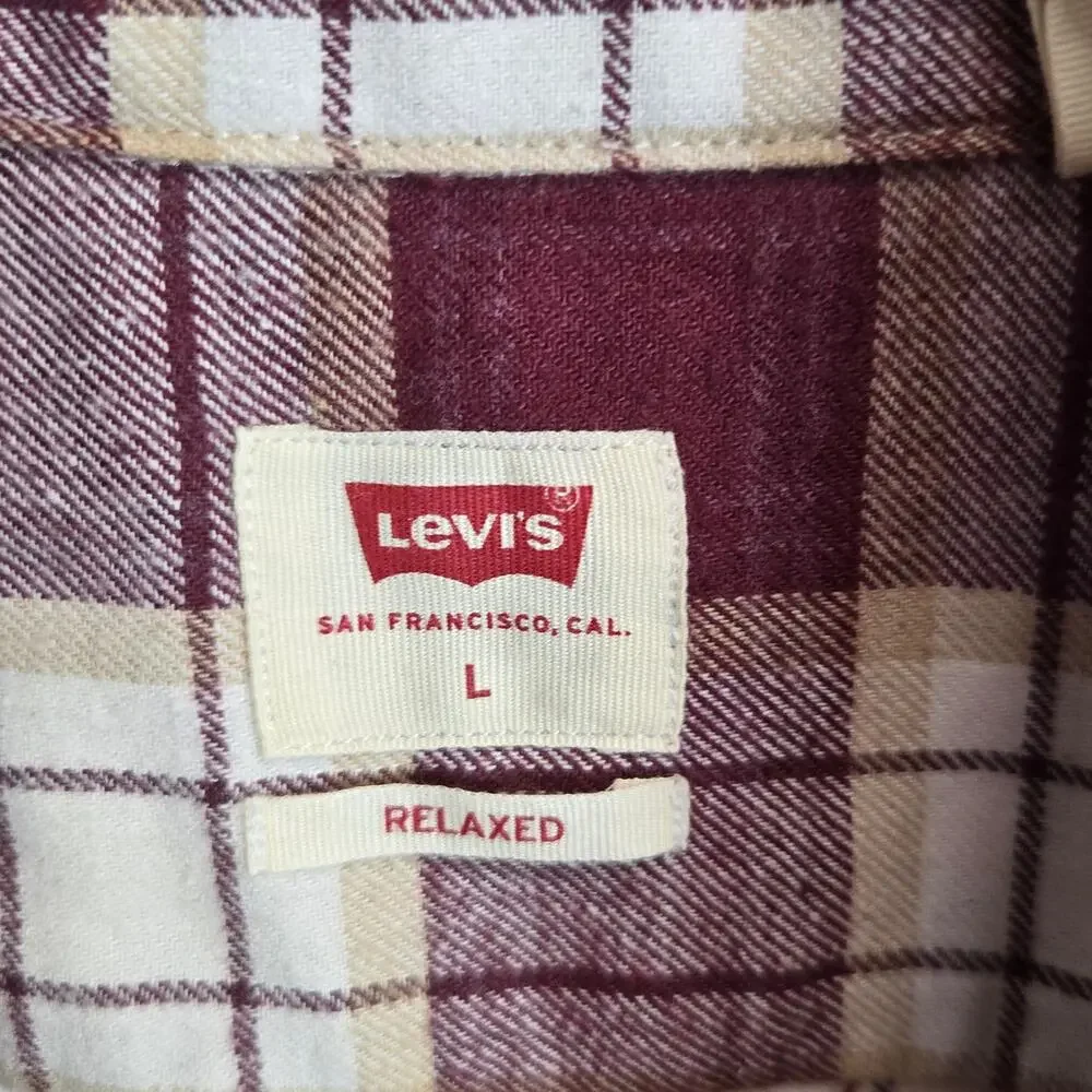 Levis Men Flannel L Burgundy Tan Check Soft Cotton Blend Casual Gorpcore Outdoor